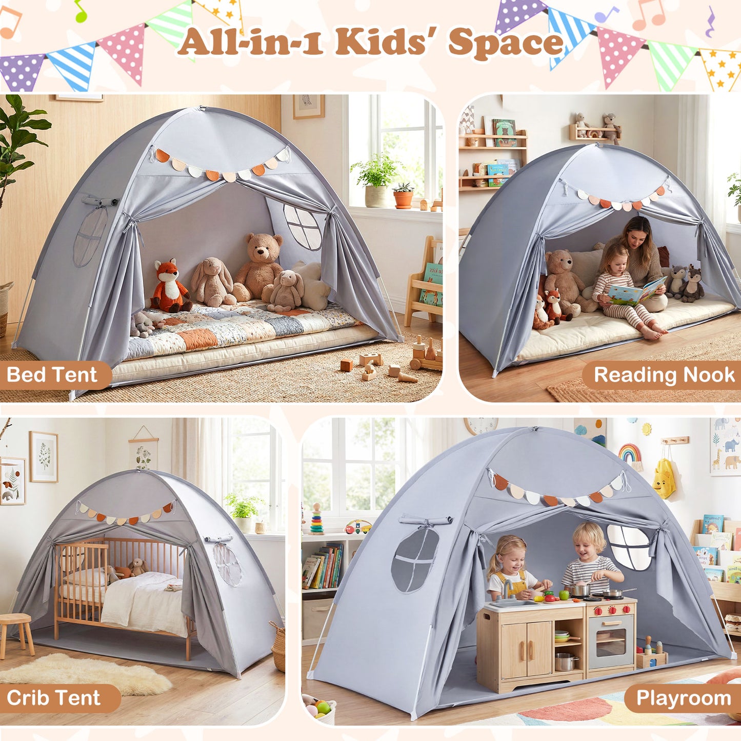 Twin Size Indoor Canopy Tent for Kids with 2 Window and Suits 3+-Grey, Gray Play Tents & Playhouse at Gallery Canada
