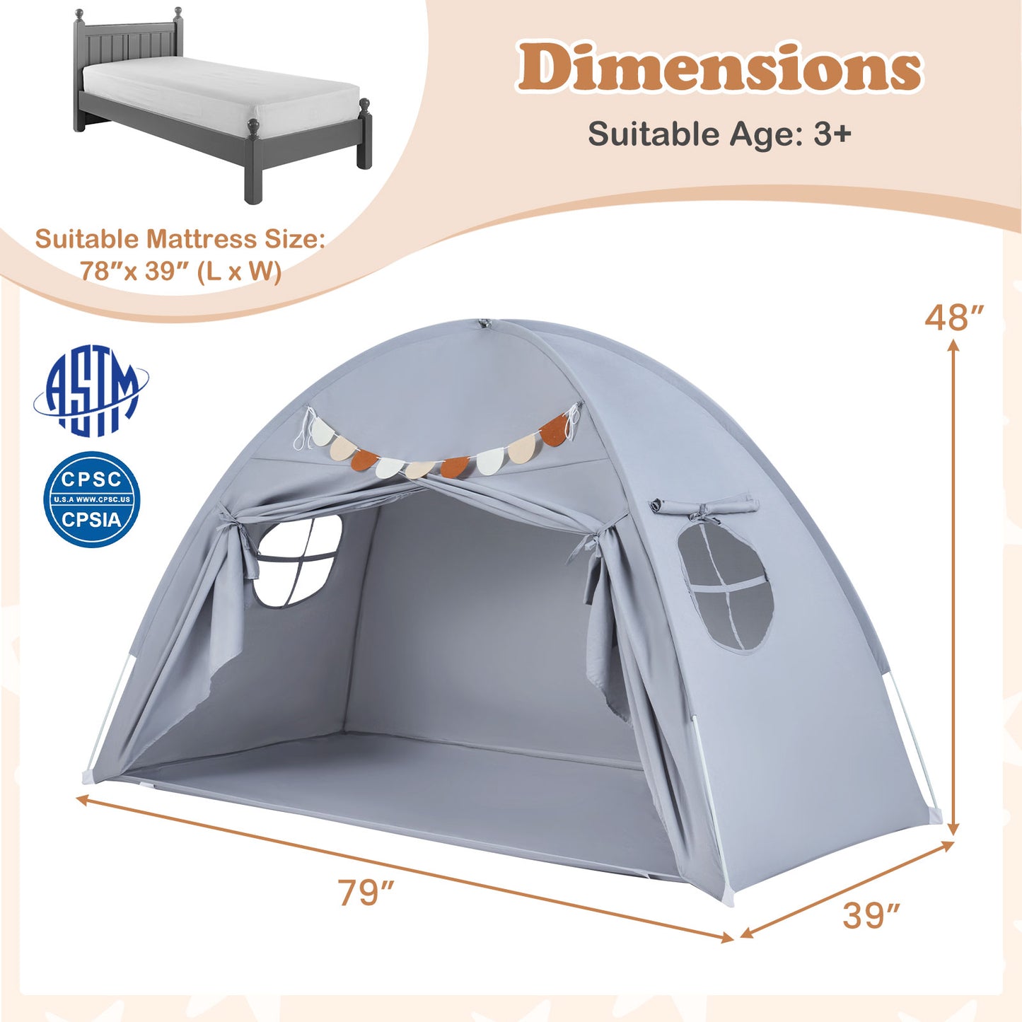Twin Size Indoor Canopy Tent for Kids with 2 Window and Suits 3+-Grey, Gray Play Tents & Playhouse at Gallery Canada