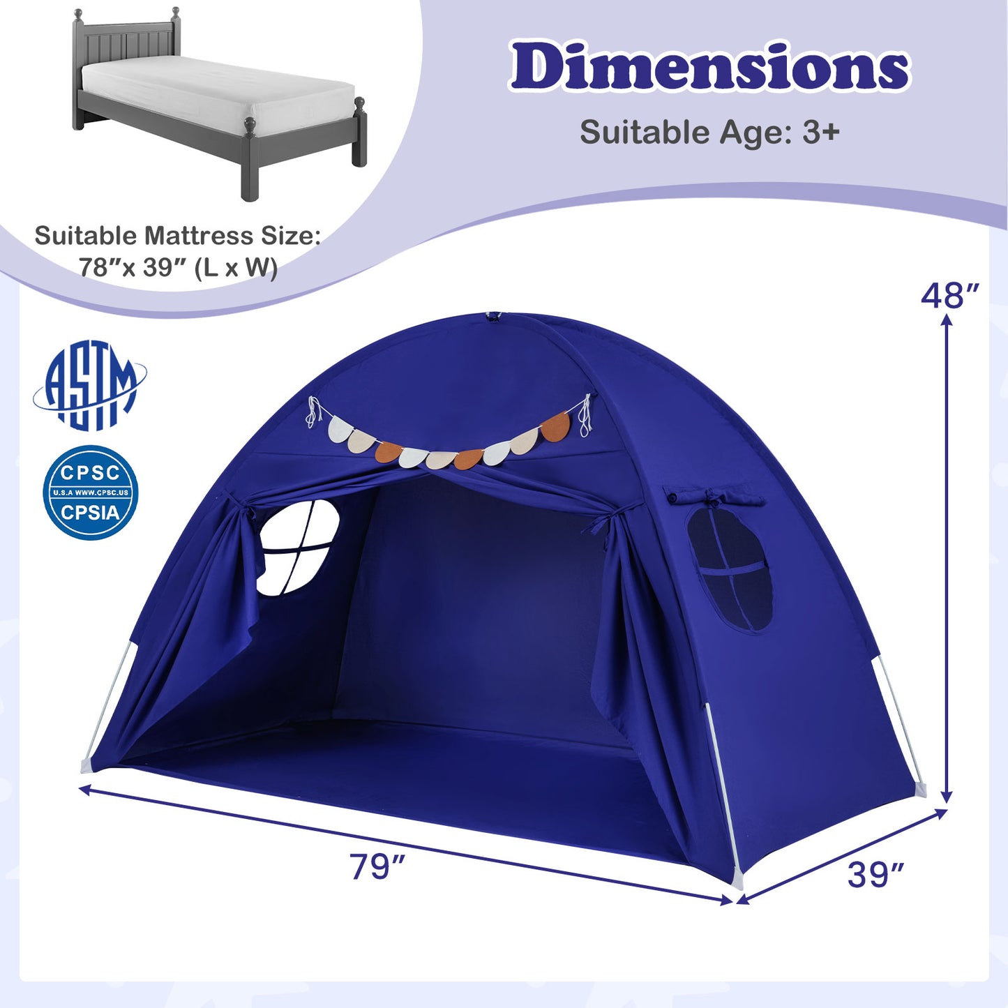 Twin Size Indoor Canopy Tent for Kids with 2 Window and Suits 3+, Navy Play Tents & Playhouse at Gallery Canada