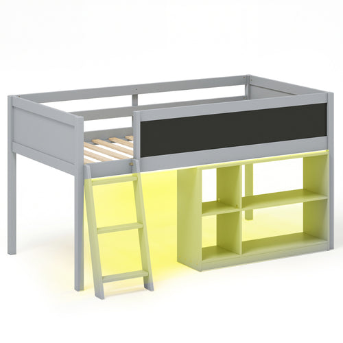 Twin Size Kids Loft Bed with LED Lights and Removable Bookcase, Gray