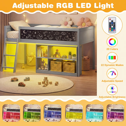 Twin Size Kids Loft Bed with LED Lights and Removable Bookcase, Gray Bunk Bed Frame at Gallery Canada