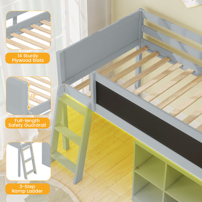 Twin Size Kids Loft Bed with LED Lights and Removable Bookcase, Gray Bunk Bed Frame at Gallery Canada