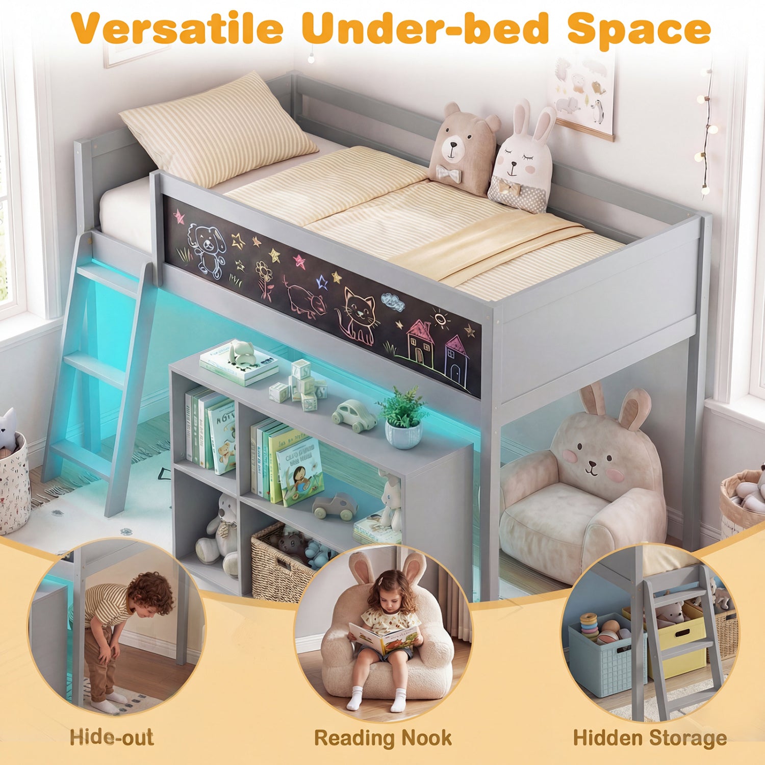 Twin Size Kids Loft Bed with LED Lights and Removable Bookcase, Gray Bunk Bed Frame at Gallery Canada
