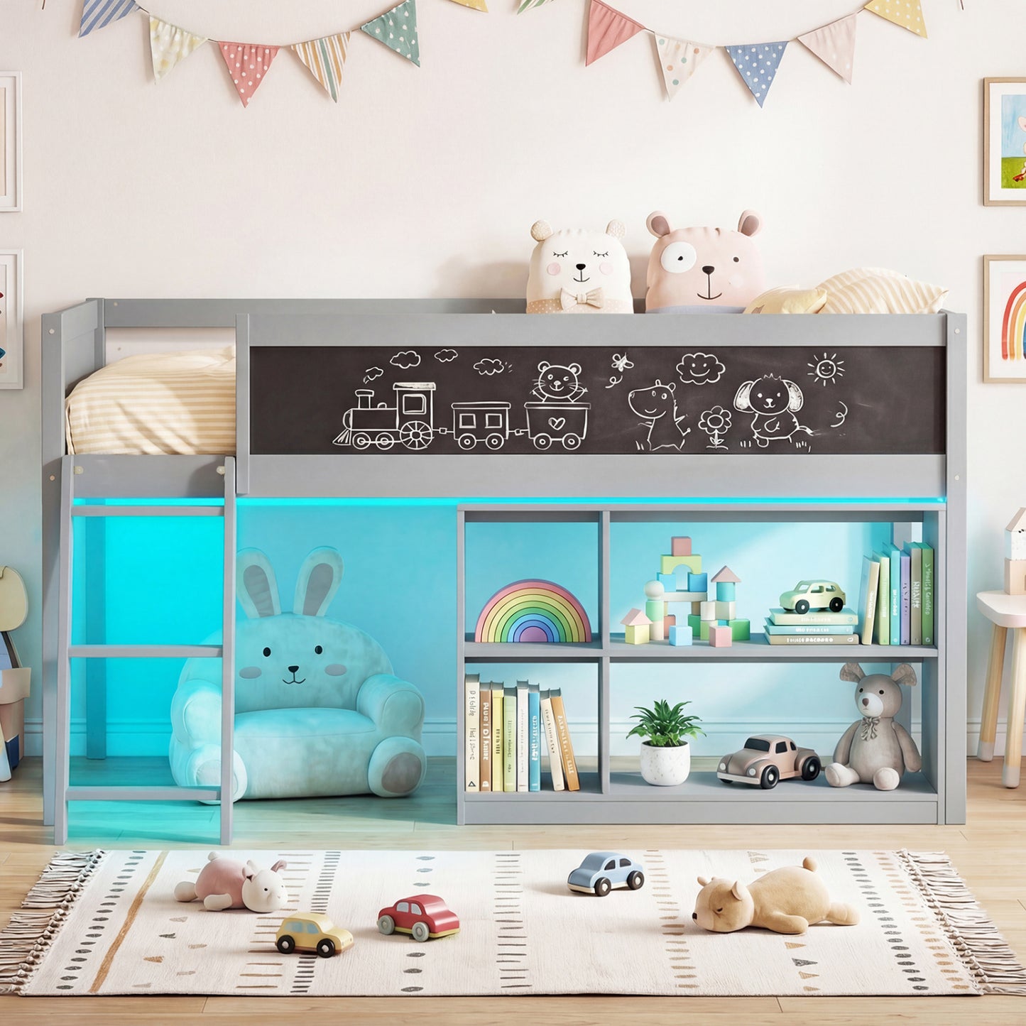 Twin Size Kids Loft Bed with LED Lights and Removable Bookcase, Gray Bunk Bed Frame at Gallery Canada