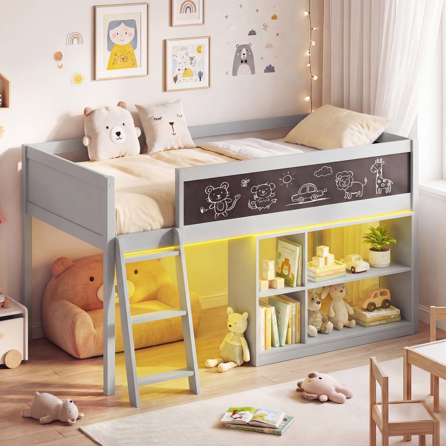 Twin Size Kids Loft Bed with LED Lights and Removable Bookcase, Gray Bunk Bed Frame at Gallery Canada