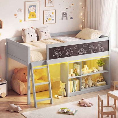 Twin Size Kids Loft Bed with LED Lights and Removable Bookcase, Gray Bunk Bed Frame at Gallery Canada
