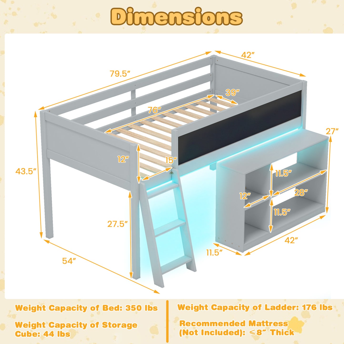 Twin Size Kids Loft Bed with LED Lights and Removable Bookcase, Gray Bunk Bed Frame at Gallery Canada