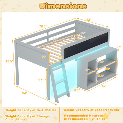 Twin Size Kids Loft Bed with LED Lights and Removable Bookcase, Gray Bunk Bed Frame at Gallery Canada