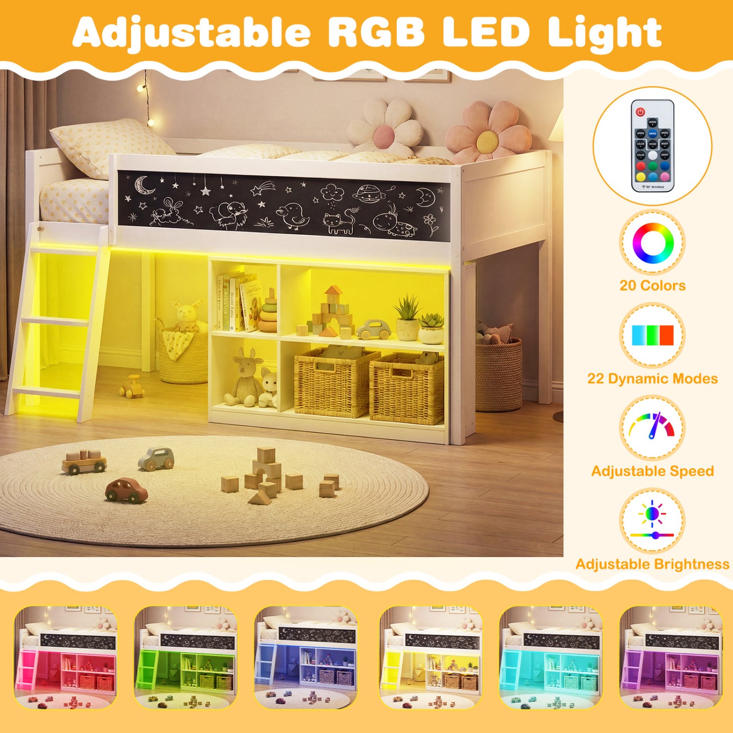 Twin Size Kids Loft Bed with LED Lights and Removable Bookcase, White Bunk Bed Frame at Gallery Canada