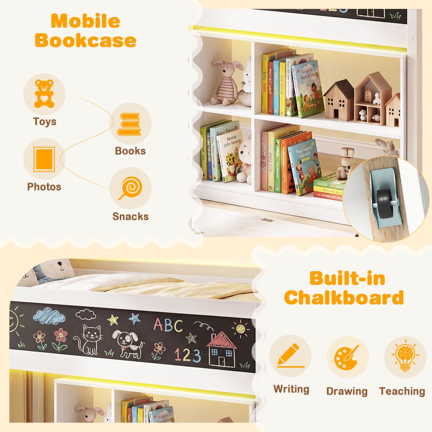 Twin Size Kids Loft Bed with LED Lights and Removable Bookcase, White Bunk Bed Frame at Gallery Canada