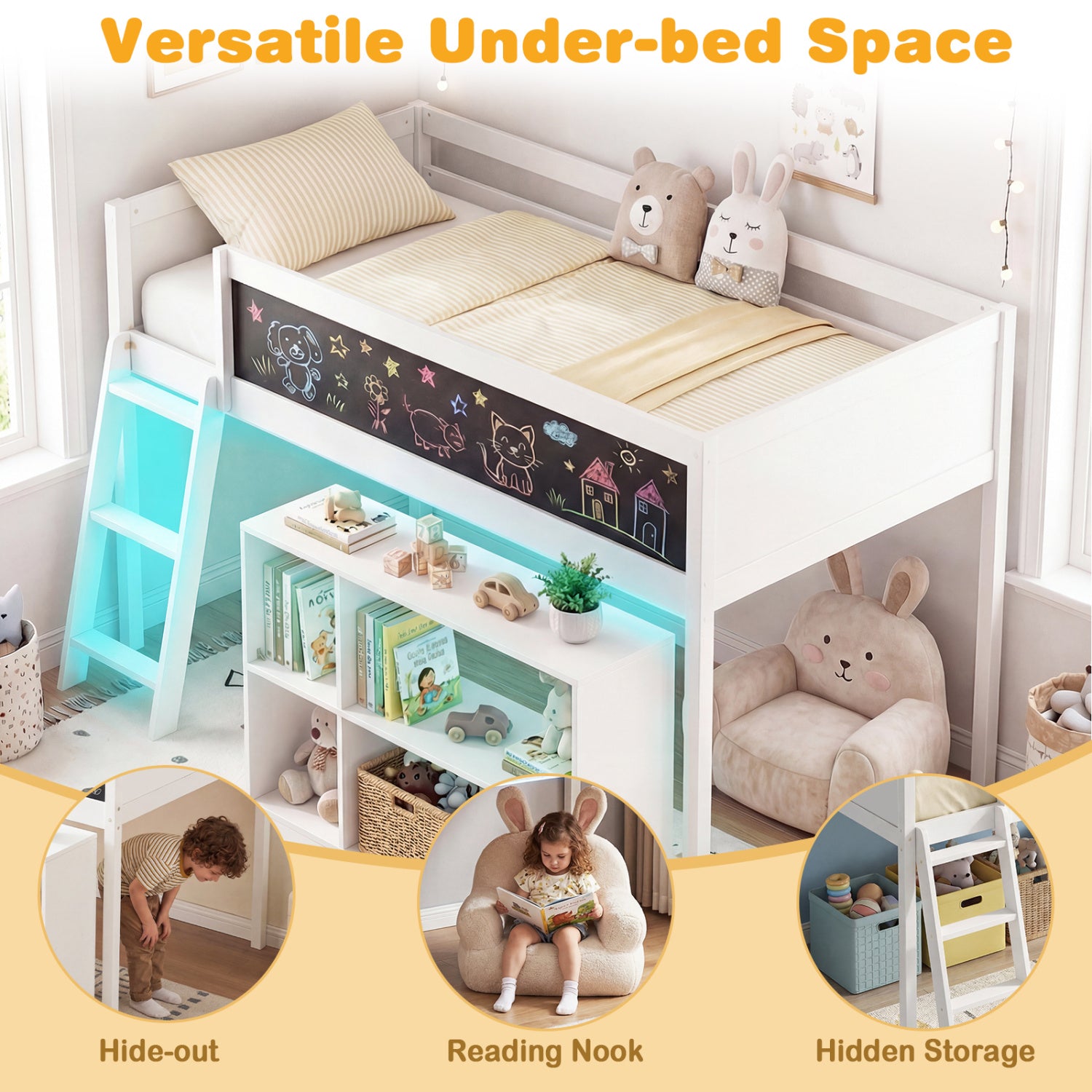 Twin Size Kids Loft Bed with LED Lights and Removable Bookcase, White Bunk Bed Frame at Gallery Canada