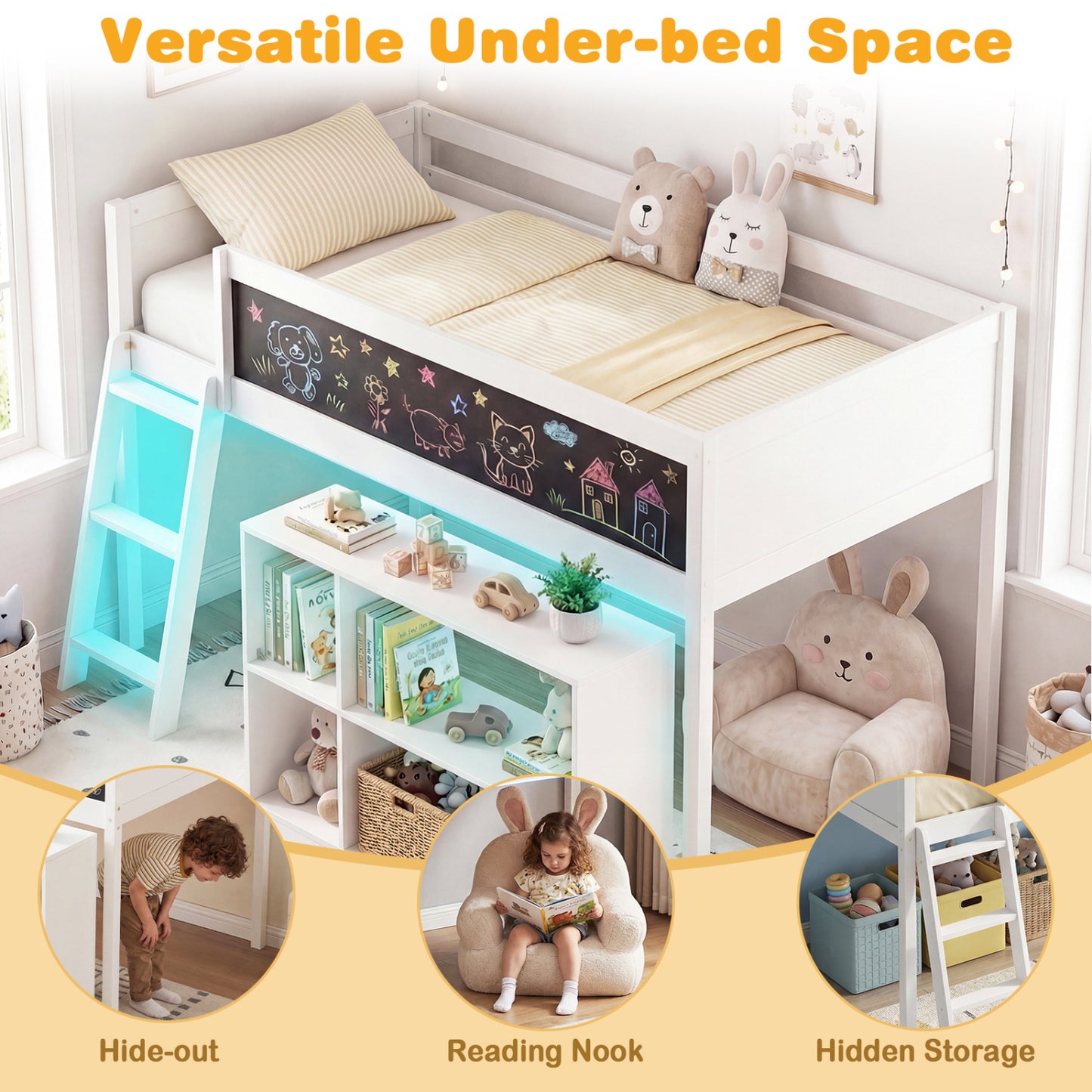 Twin Size Kids Loft Bed with LED Lights and Removable Bookcase, White Bunk Bed Frame at Gallery Canada