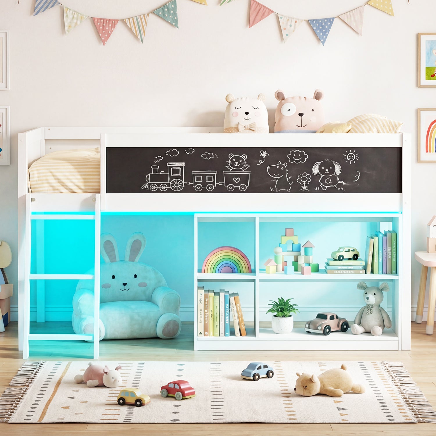 Twin Size Kids Loft Bed with LED Lights and Removable Bookcase, White Bunk Bed Frame at Gallery Canada