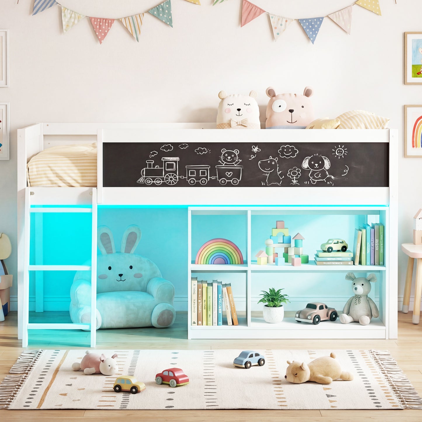 Twin Size Kids Loft Bed with LED Lights and Removable Bookcase, White Bunk Bed Frame at Gallery Canada