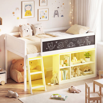 Twin Size Kids Loft Bed with LED Lights and Removable Bookcase, White Bunk Bed Frame at Gallery Canada