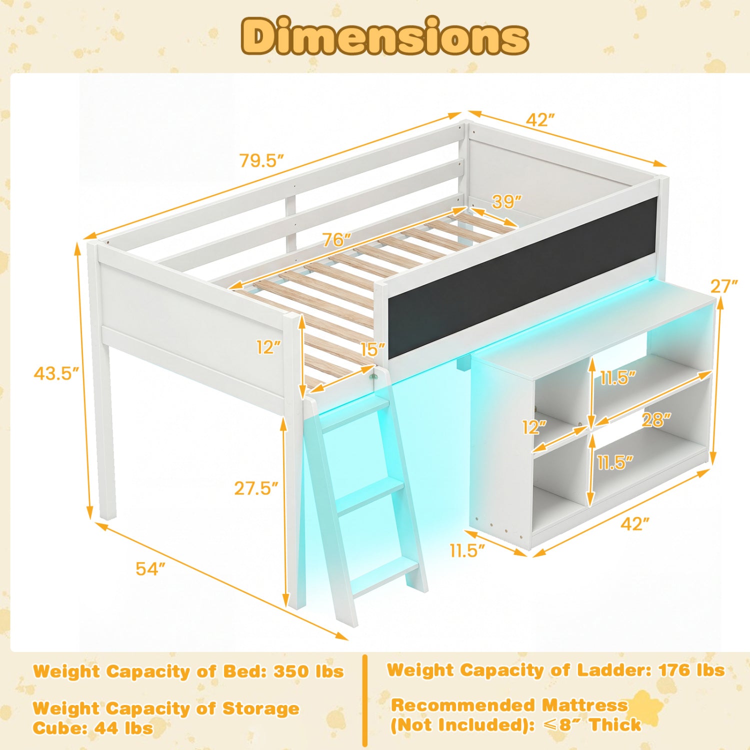 Twin Size Kids Loft Bed with LED Lights and Removable Bookcase, White Bunk Bed Frame at Gallery Canada