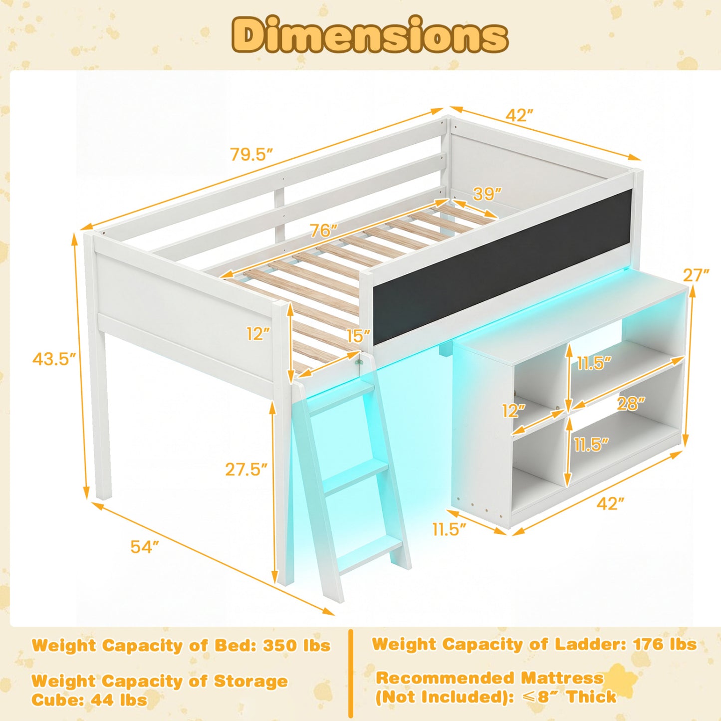 Twin Size Kids Loft Bed with LED Lights and Removable Bookcase, White Bunk Bed Frame at Gallery Canada