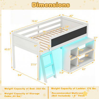 Twin Size Kids Loft Bed with LED Lights and Removable Bookcase, White Bunk Bed Frame at Gallery Canada