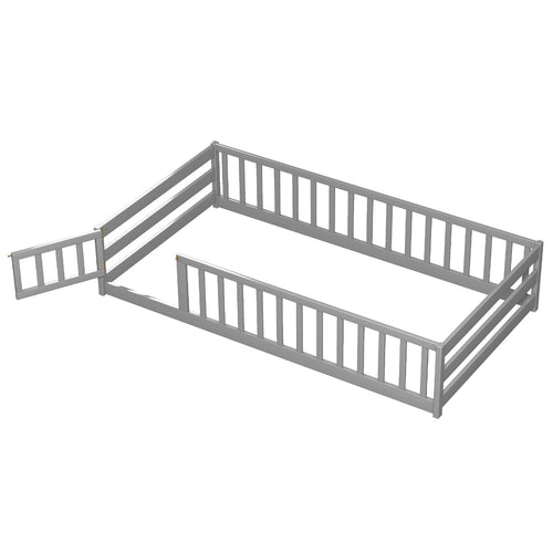 Twin Size Kids Wood Montessori Floor Bed, Gray