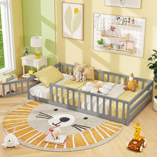 Twin Size Kids Wood Montessori Floor Bed, Gray