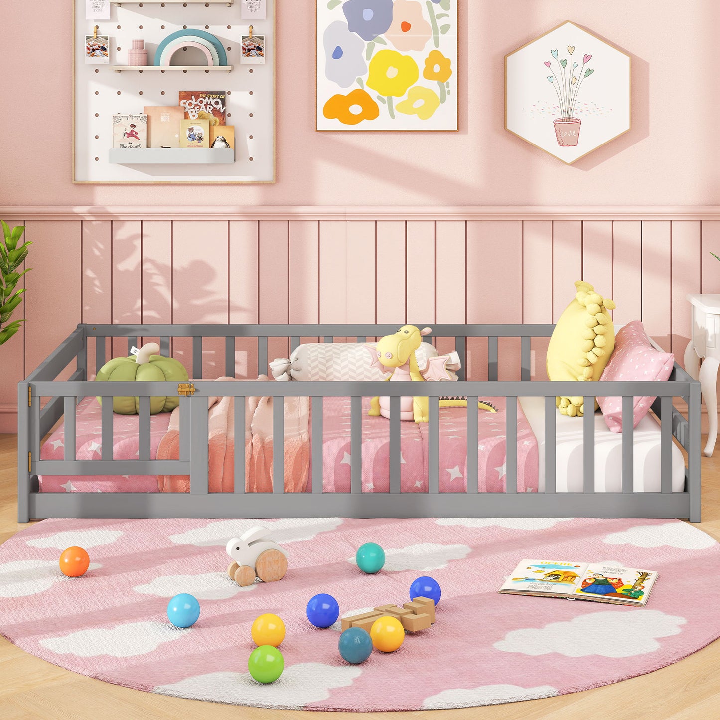 Twin Size Kids Wood Montessori Floor Bed, Gray Toddler Beds at Gallery Canada