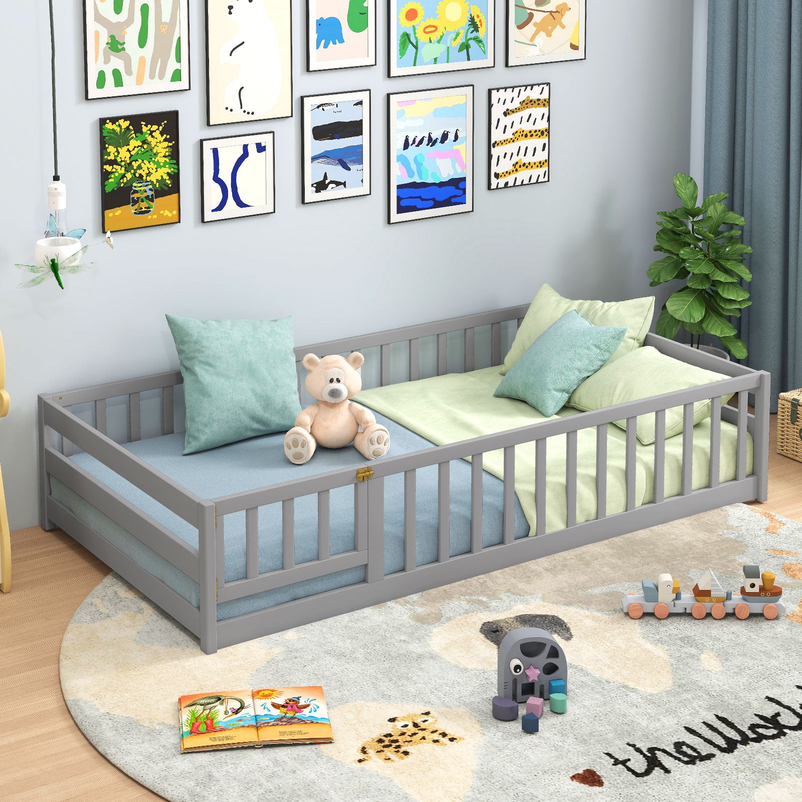 Twin Size Kids Wood Montessori Floor Bed, Gray Toddler Beds at Gallery Canada