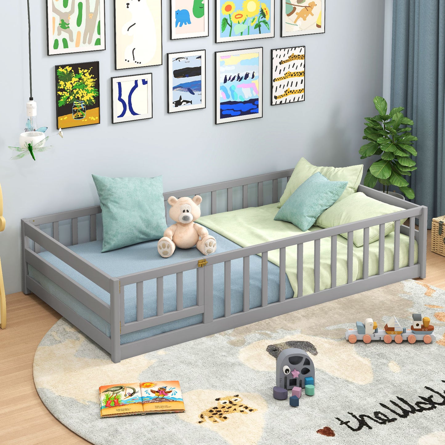 Twin Size Kids Wood Montessori Floor Bed, Gray Toddler Beds at Gallery Canada