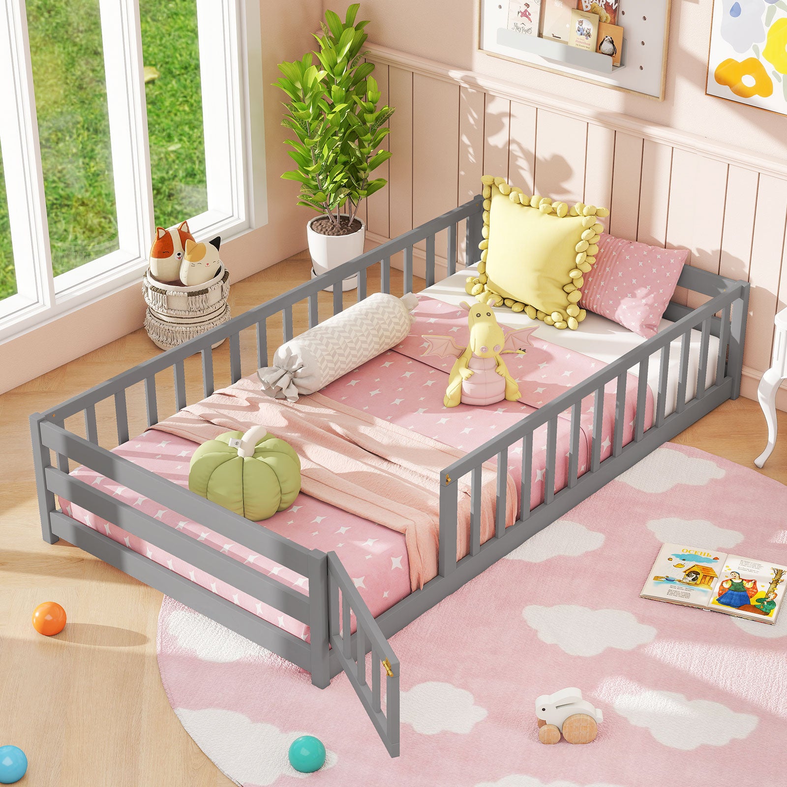 Twin Size Kids Wood Montessori Floor Bed, Gray Toddler Beds at Gallery Canada