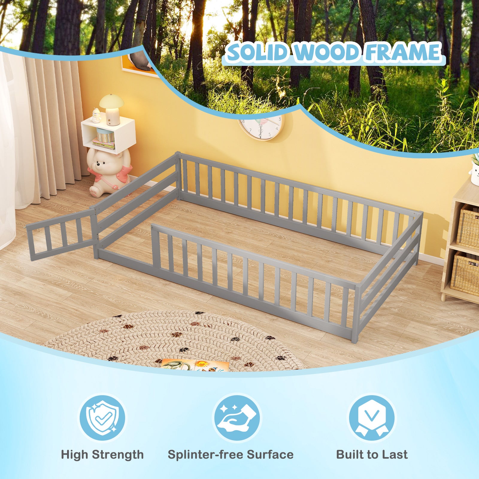 Twin Size Kids Wood Montessori Floor Bed, Gray Toddler Beds at Gallery Canada