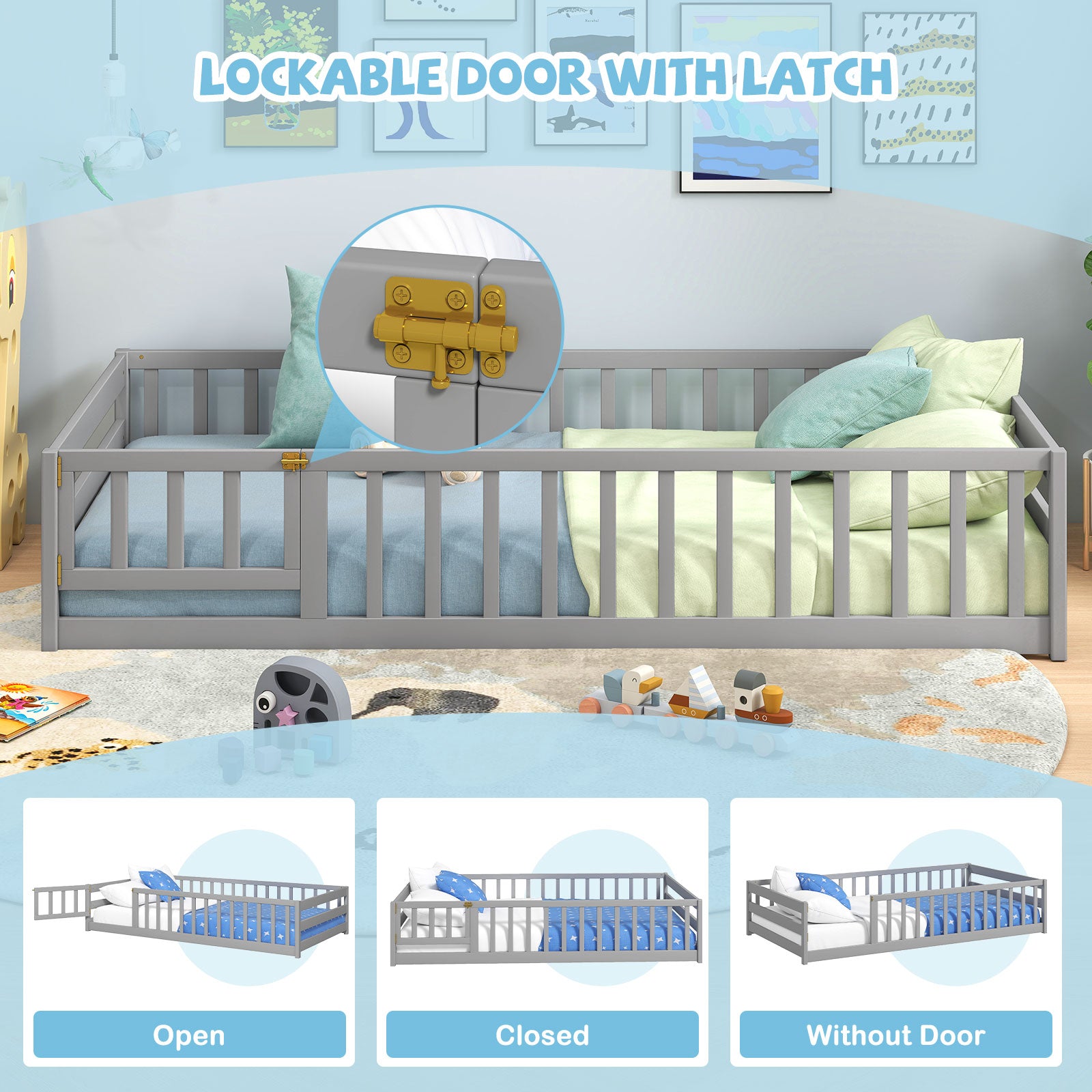 Twin Size Kids Wood Montessori Floor Bed, Gray Toddler Beds at Gallery Canada