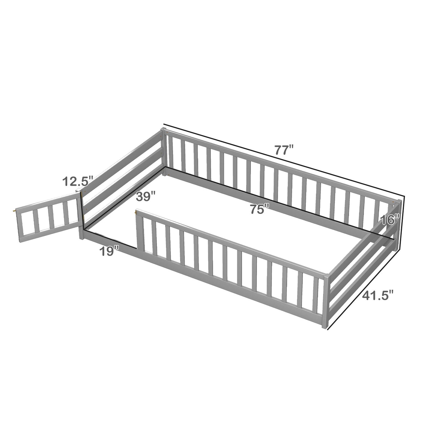 Twin Size Kids Wood Montessori Floor Bed, Gray Toddler Beds at Gallery Canada
