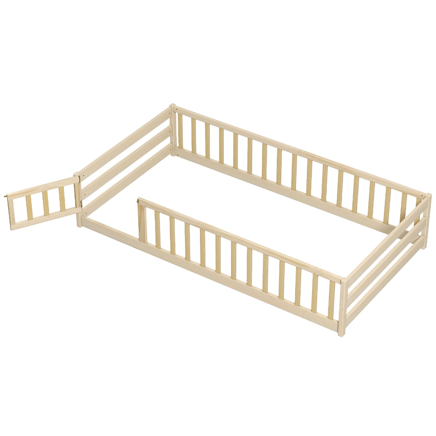 Twin Size Kids Wood Montessori Floor Bed with Door and Fence, Natural Toddler Beds at Gallery Canada