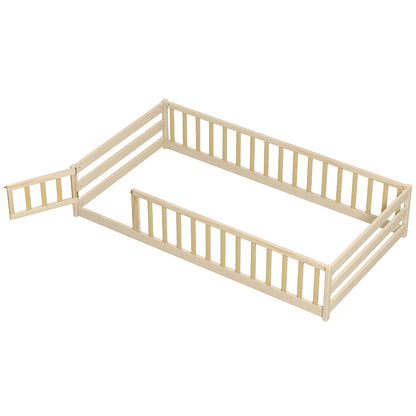 Twin Size Kids Wood Montessori Floor Bed with Door and Fence, Natural Toddler Beds at Gallery Canada