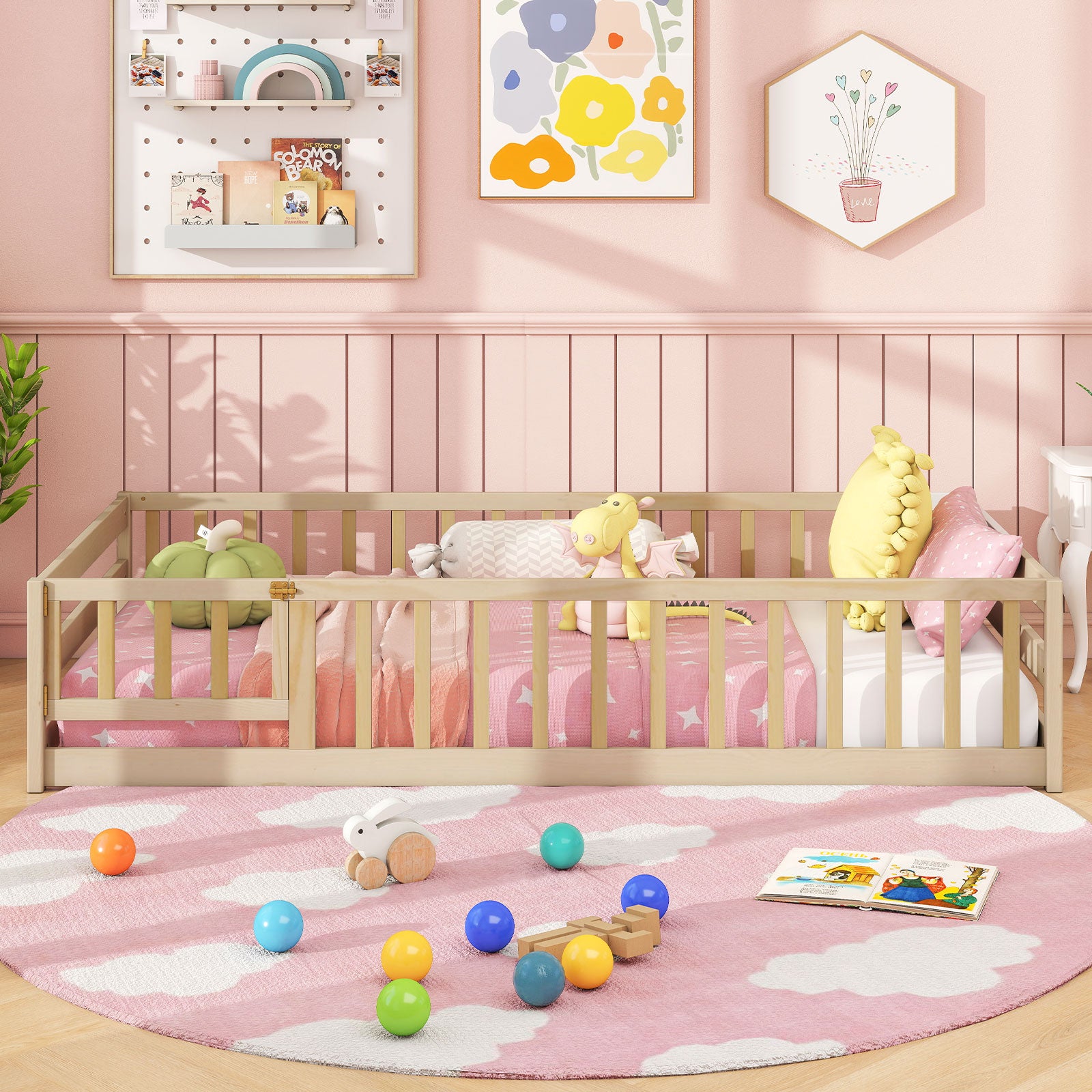 Twin Size Kids Wood Montessori Floor Bed with Door and Fence, Natural Toddler Beds at Gallery Canada