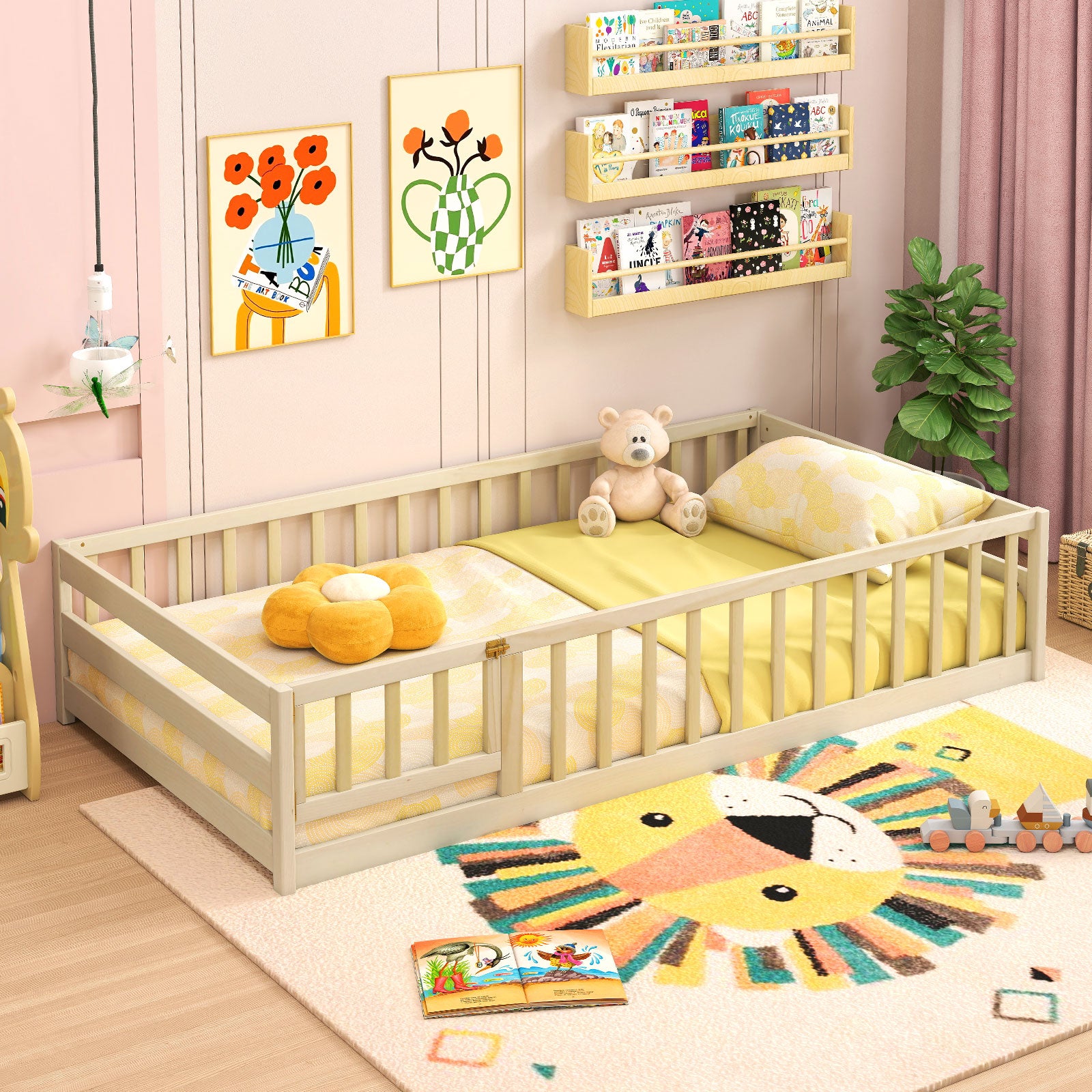 Twin Size Kids Wood Montessori Floor Bed with Door and Fence, Natural Toddler Beds at Gallery Canada