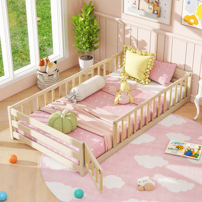Twin Size Kids Wood Montessori Floor Bed with Door and Fence, Natural Toddler Beds at Gallery Canada
