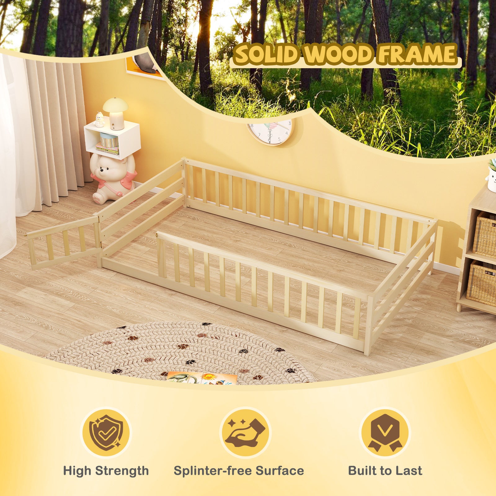 Twin Size Kids Wood Montessori Floor Bed with Door and Fence, Natural Toddler Beds at Gallery Canada