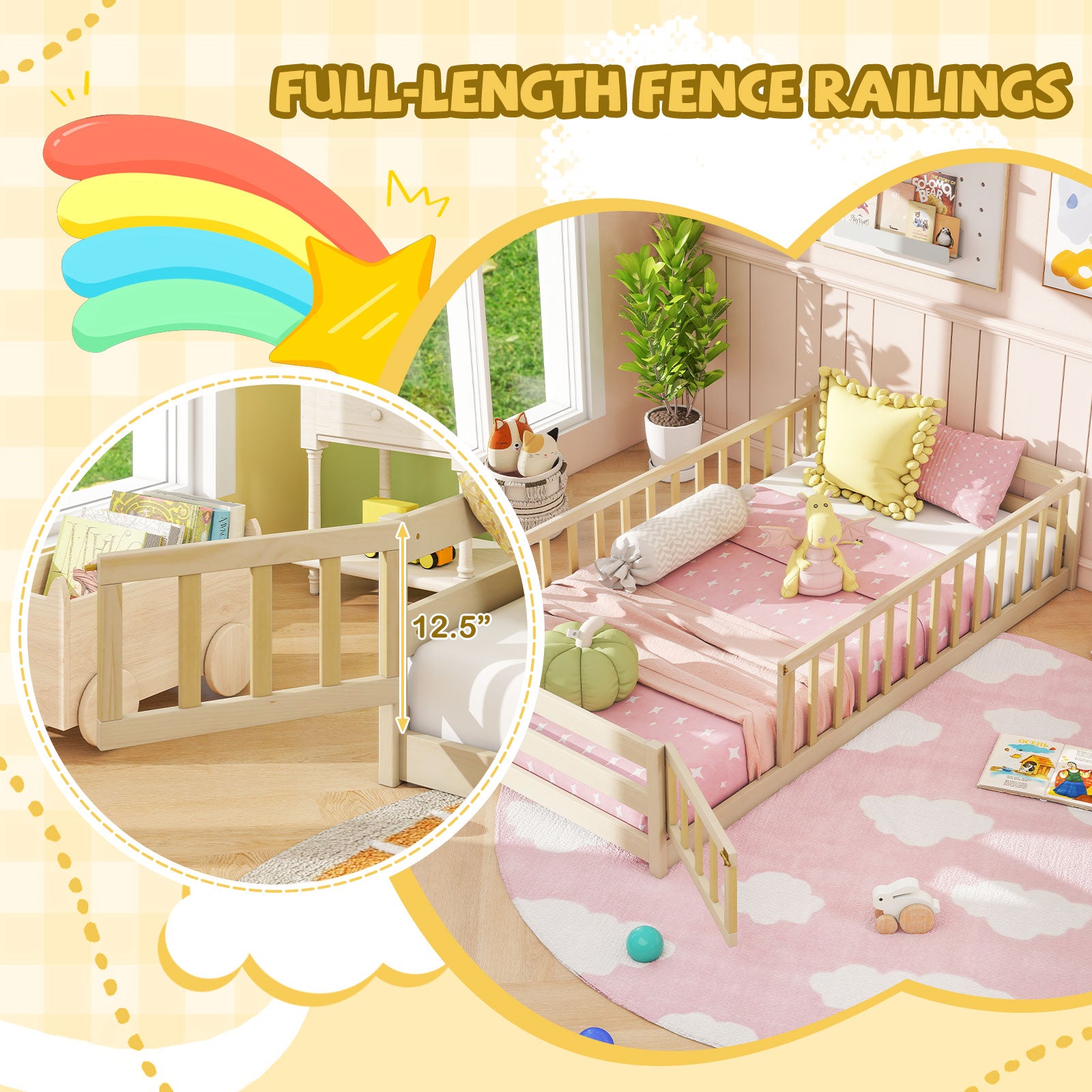 Twin Size Kids Wood Montessori Floor Bed with Door and Fence, Natural Toddler Beds at Gallery Canada