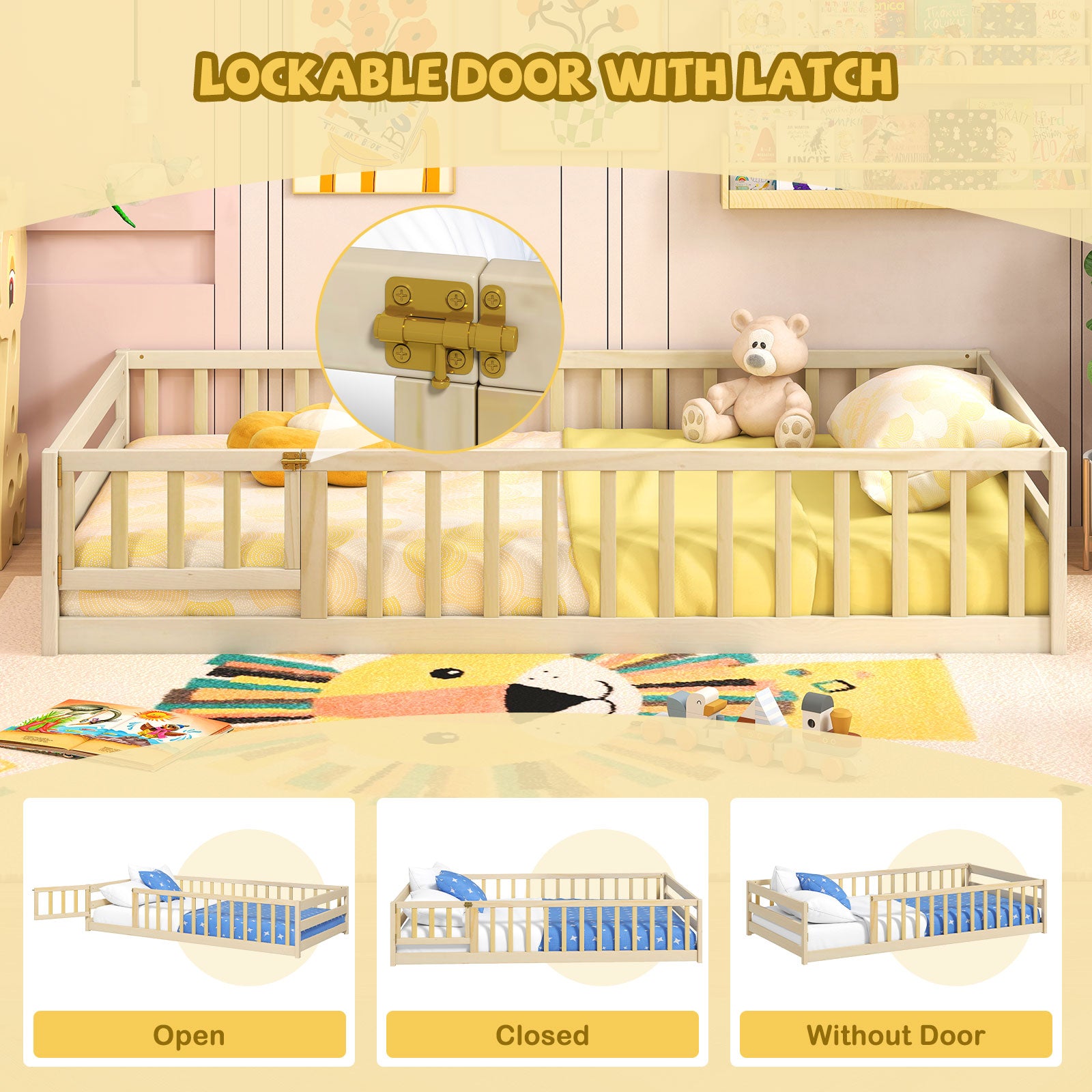 Twin Size Kids Wood Montessori Floor Bed with Door and Fence, Natural Toddler Beds at Gallery Canada