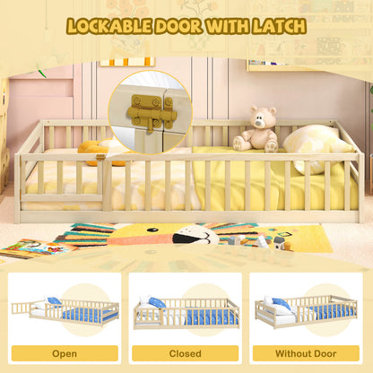 Twin Size Kids Wood Montessori Floor Bed with Door and Fence, Natural Toddler Beds at Gallery Canada