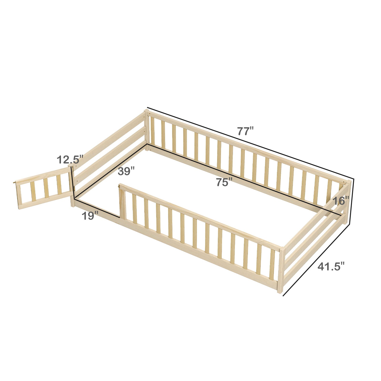 Twin Size Kids Wood Montessori Floor Bed with Door and Fence, Natural Toddler Beds at Gallery Canada