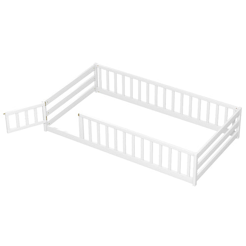 Twin Size Montessori Floor Bed, With Door And Fence, White