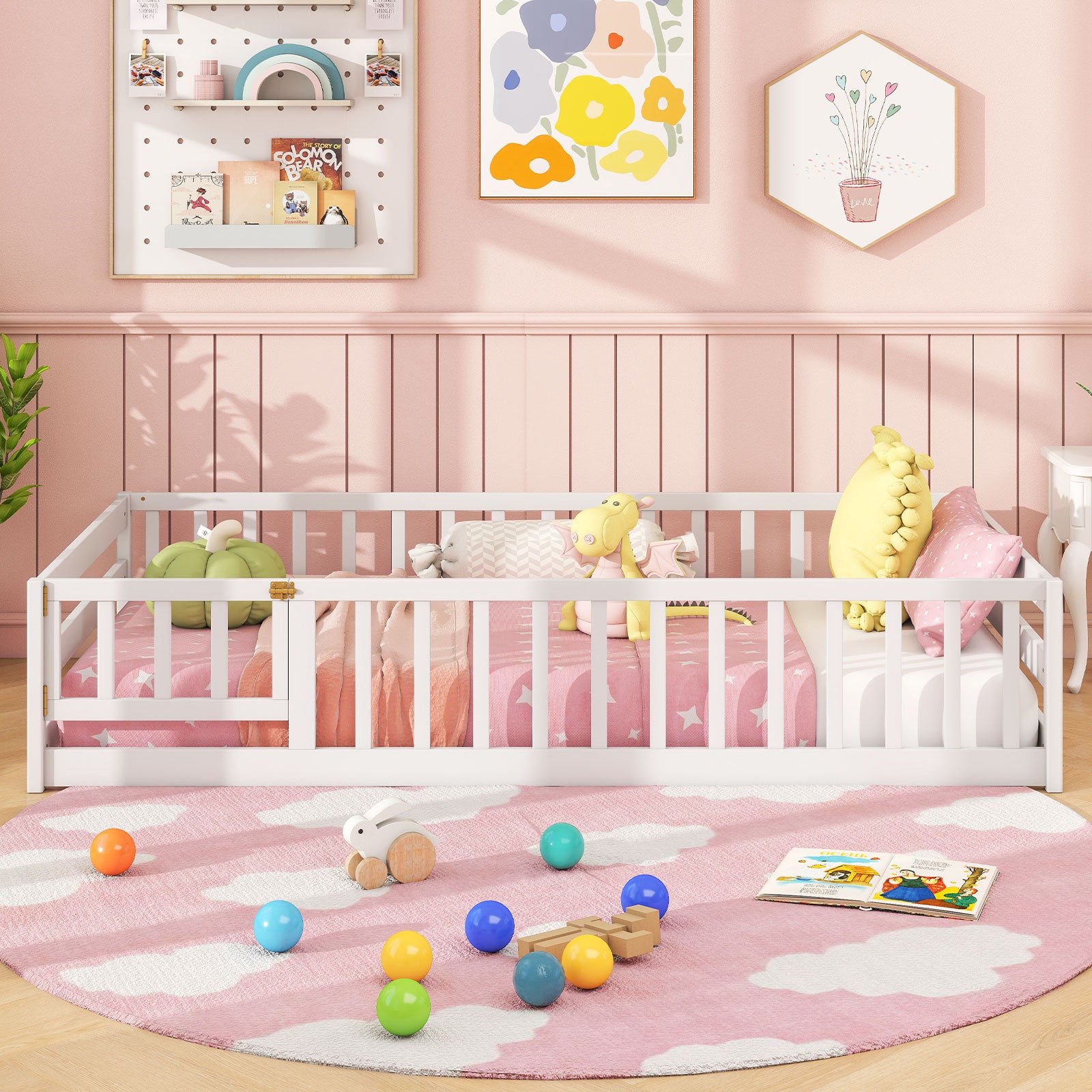 Twin Size Kids Wood Montessori Floor Bed with Door and Fence, White Toddler Beds at Gallery Canada