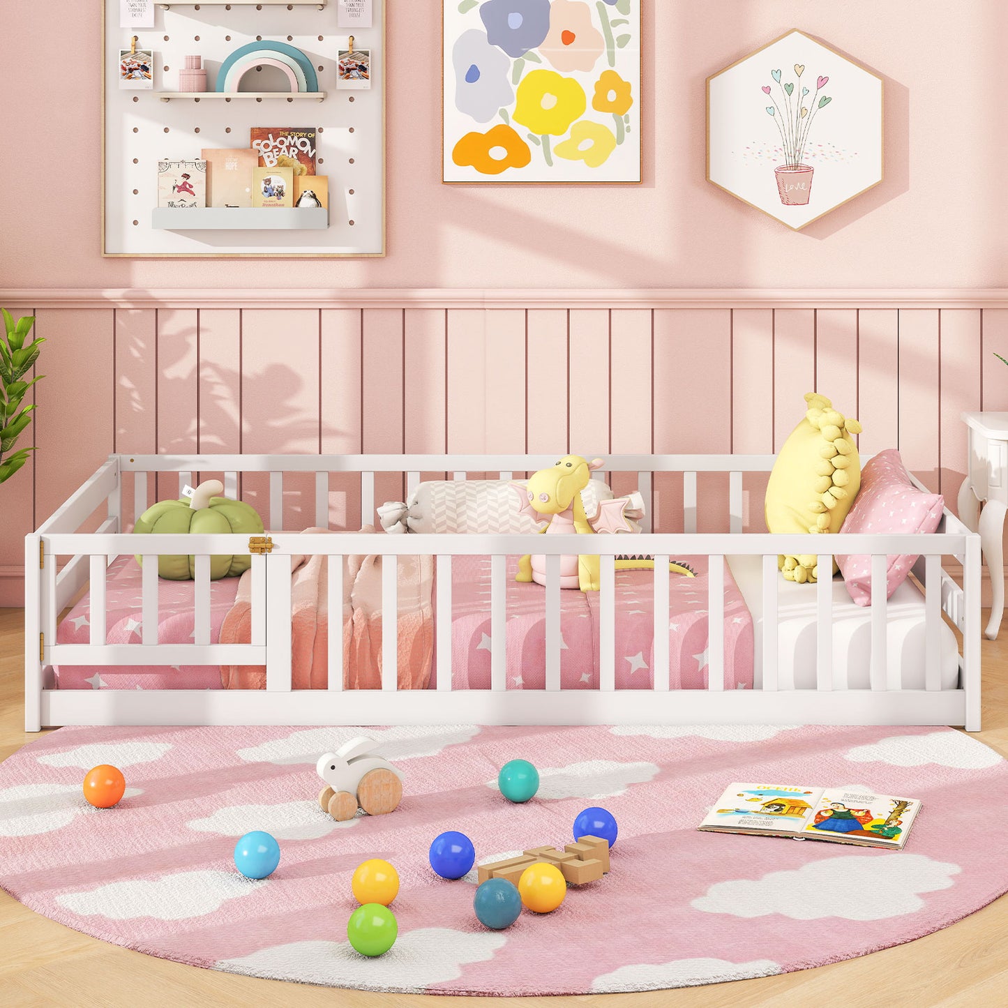 Twin Size Kids Wood Montessori Floor Bed with Door and Fence, White Toddler Beds at Gallery Canada