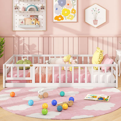 Twin Size Kids Wood Montessori Floor Bed with Door and Fence, White Toddler Beds at Gallery Canada