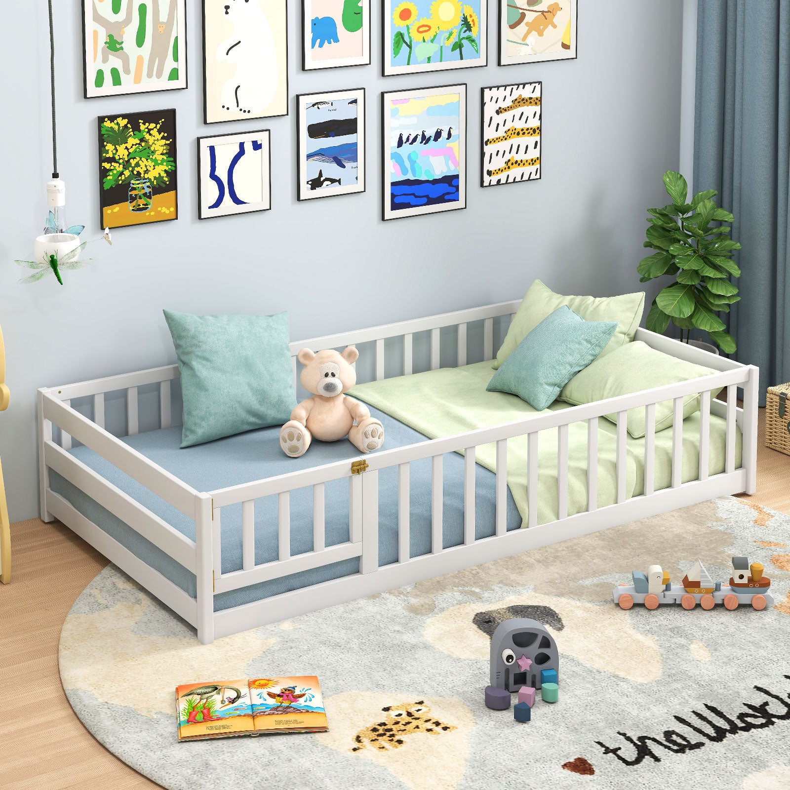 Twin Size Kids Wood Montessori Floor Bed with Door and Fence, White Toddler Beds at Gallery Canada
