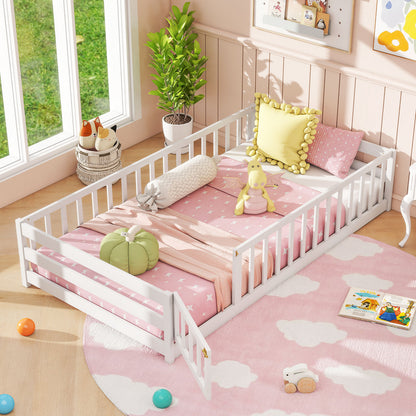 Twin Size Kids Wood Montessori Floor Bed with Door and Fence, White Toddler Beds at Gallery Canada