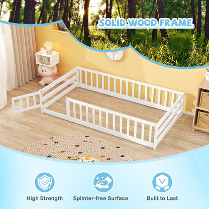 Twin Size Kids Wood Montessori Floor Bed with Door and Fence, White Toddler Beds at Gallery Canada