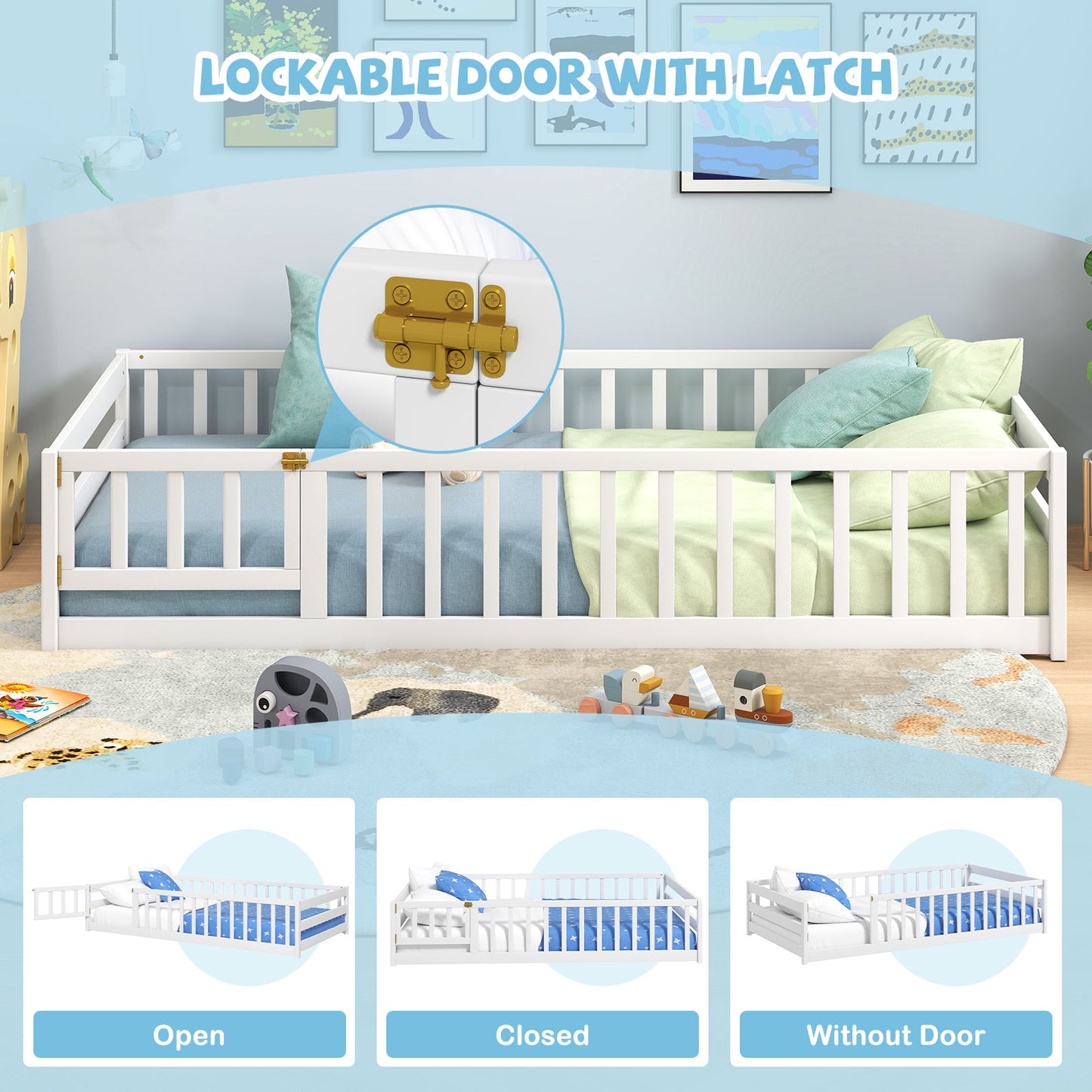 Twin Size Kids Wood Montessori Floor Bed with Door and Fence, White Toddler Beds at Gallery Canada