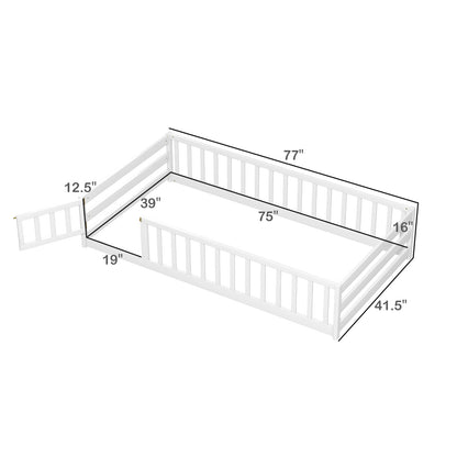 Twin Size Kids Wood Montessori Floor Bed with Door and Fence, White Toddler Beds at Gallery Canada